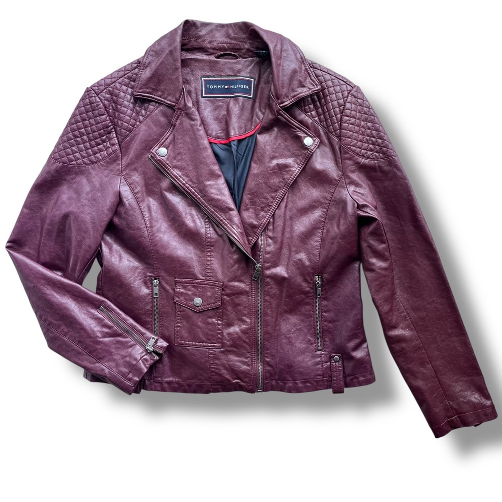 Tommy Hilfiger Womens L Burgundy Faux Leather Quilt Moto Biker Jacket Grunge Y2K